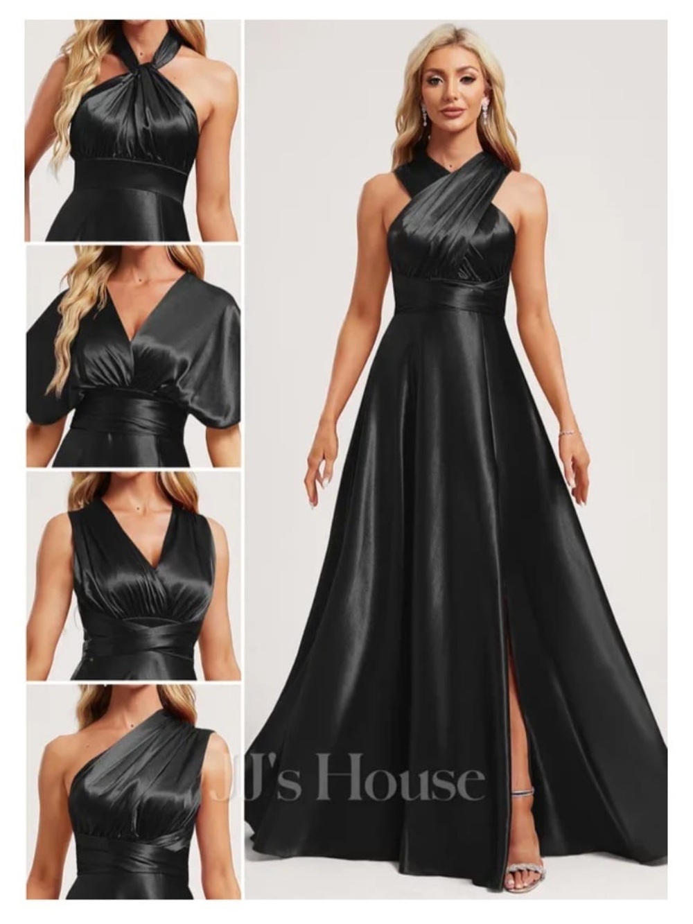 JJs House Black Convertible Satin Prom Gown